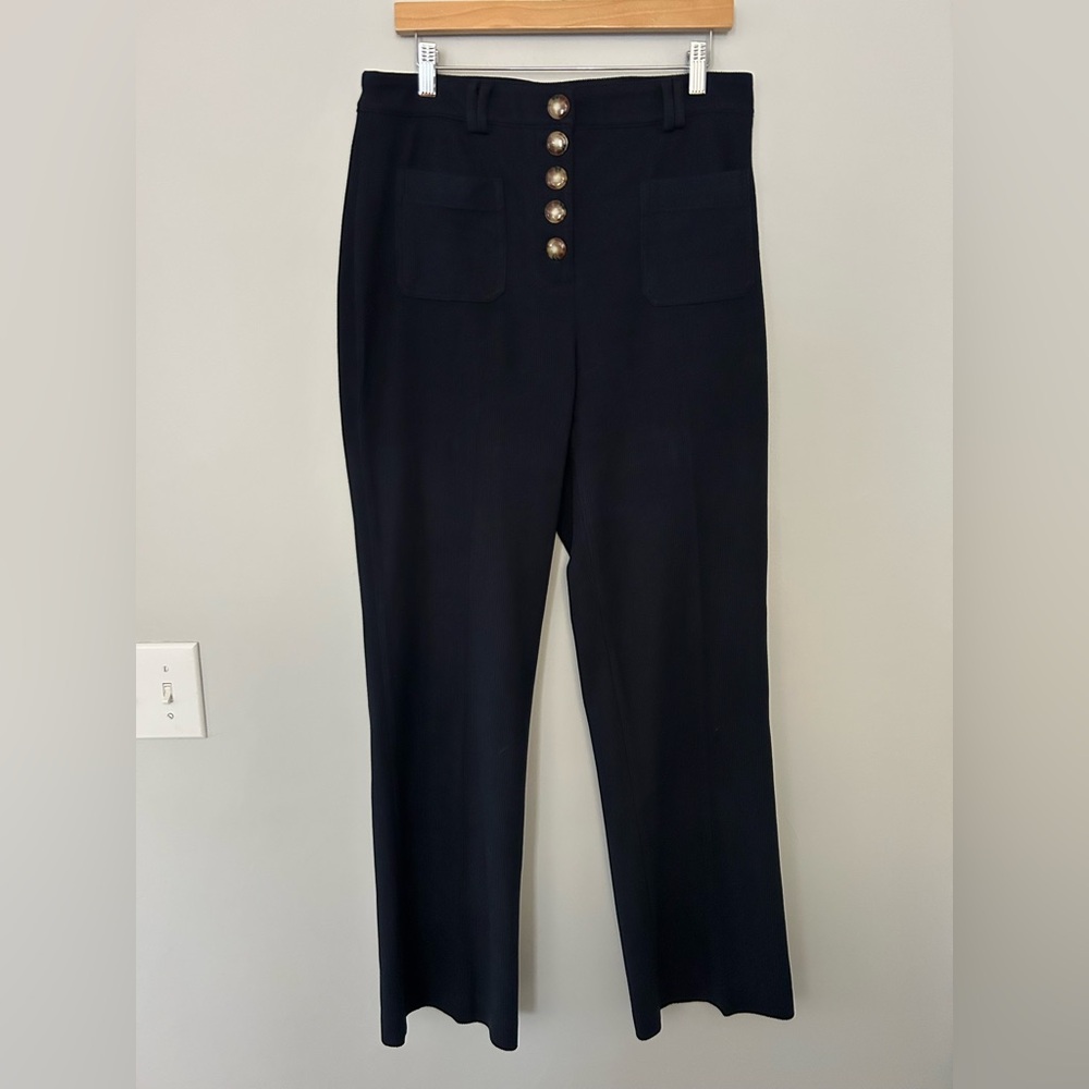 House of Harlow Navy Blue Ribbed Button Fly High Waisted Wide Leg Pants
